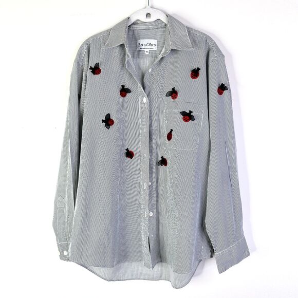 Las Olas Shirt Women M Navy White Striped Ladybug Embroidery Button Up Long Slv - Picture 1 of 9